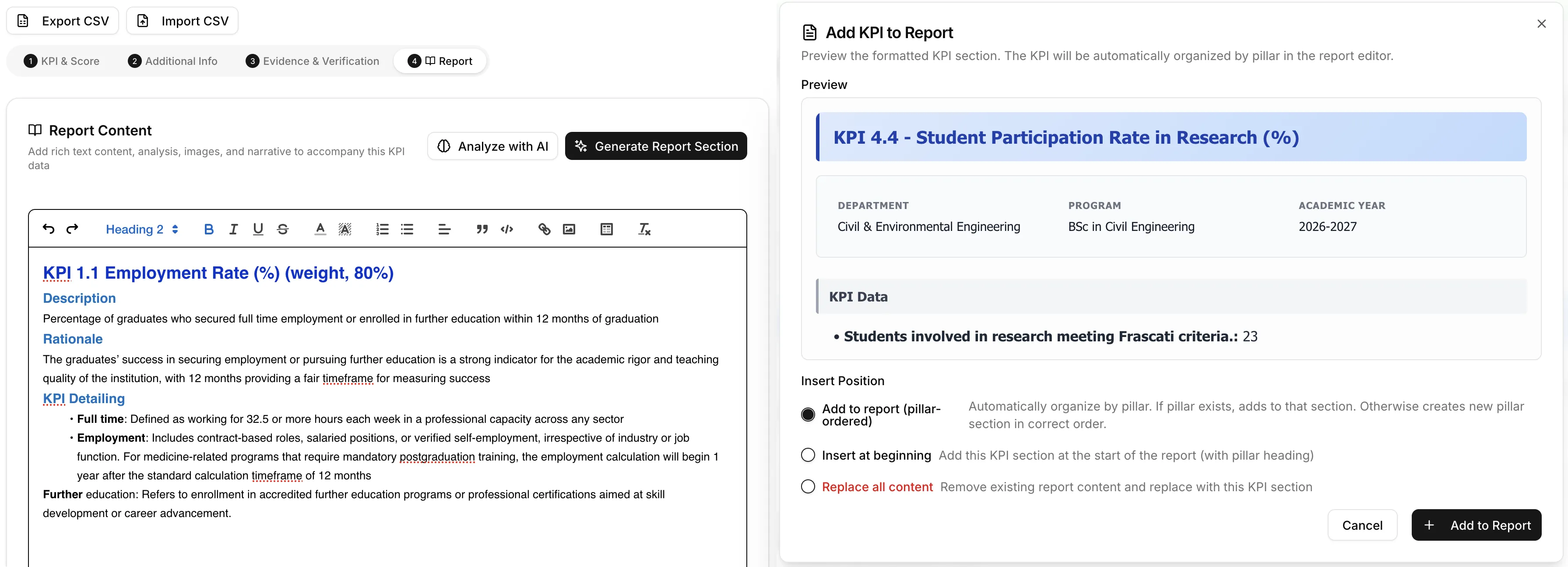 Inline rich-text reporting and methodology notes
